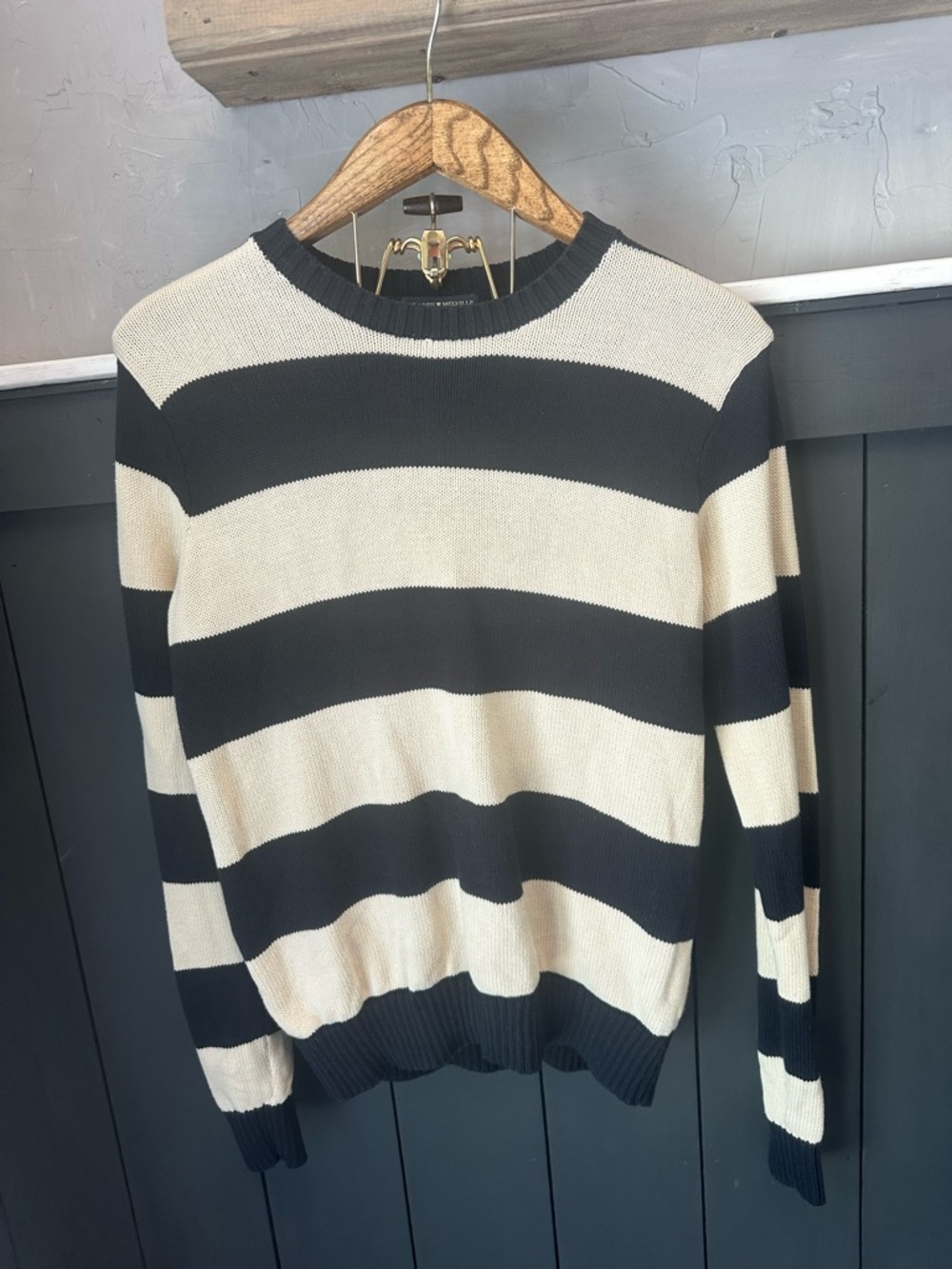 Brandy Melville Black and Cream Striped Crewneck Sweater